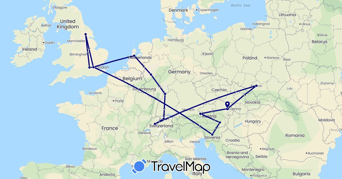 TravelMap itinerary: driving in Austria, Switzerland, Germany, United Kingdom, Netherlands, Poland, Slovenia (Europe)